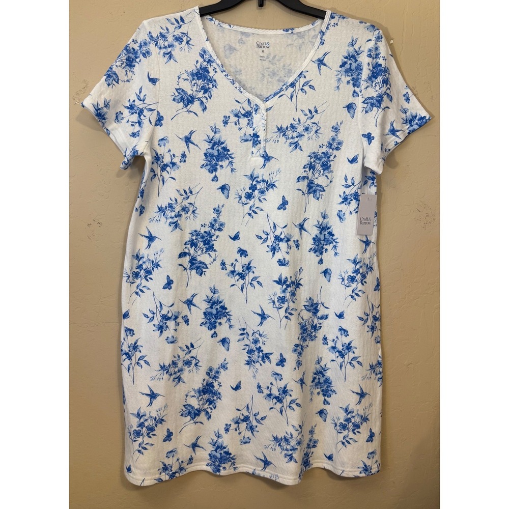Croft & Barrow Nightgown Women M Blue Floral Hummingbird Henley Sleepwear NEW